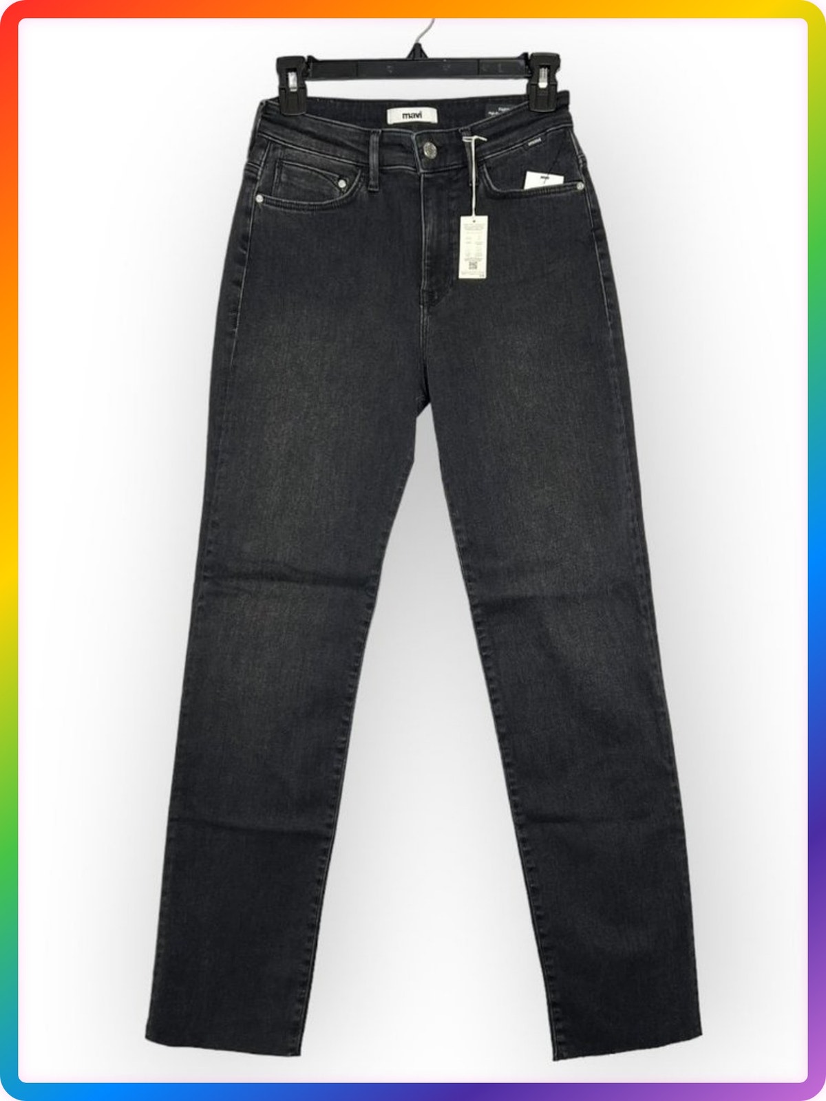 Mavi Paris Slim Straight Jeans Size 27x30 Black High Rise Raw Hem Denim